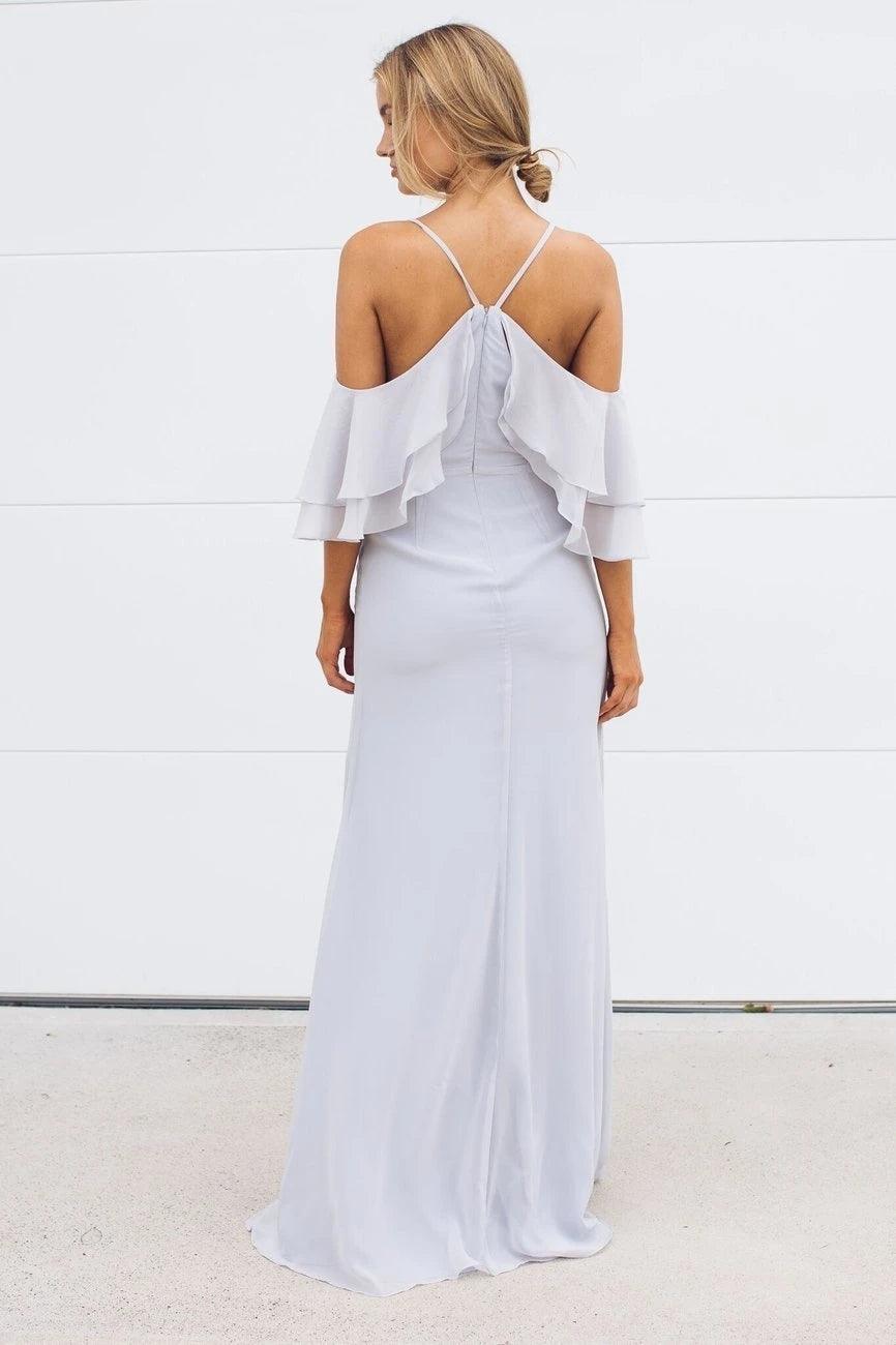 Light Blue Side Slit Off Shoulder Bridesmaid Dresses, Popular Bridesmaid Dresses Pale Blue Chiffon Bridesmaid Dresses - RongMoon
