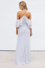 Light Blue Side Slit Off Shoulder Bridesmaid Dresses, Popular Bridesmaid Dresses Pale Blue Chiffon Bridesmaid Dresses - RongMoon