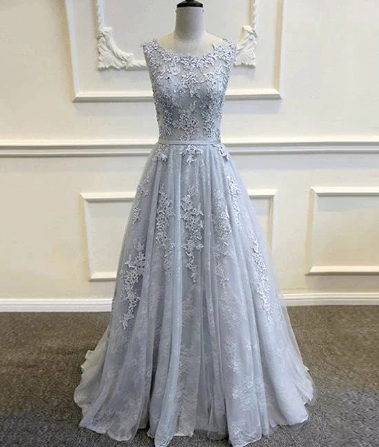 Round Neck Appliques Vintage Tulle Lace Prom Dresses, Bridesmaid Dresses - RongMoon