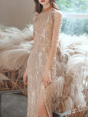 High Neck Sequin Gold Beading Prom Dress