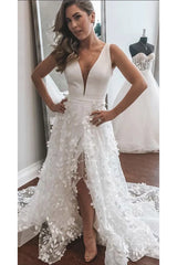 A Line Deep V Neck Slit Wedding Dress With Flowers