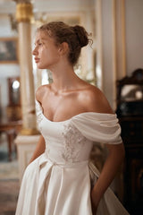 Champagne Beading Off The Shoulder Satin Wedding Dress With Pockets