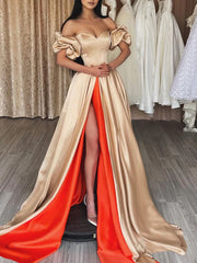 Champagne Satin Puffy Sleeve Prom Dress With Slit