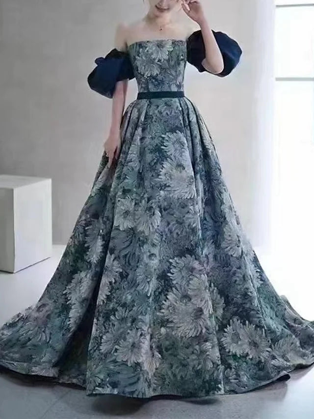 Puffy Sleeves Print Blue Quinceanera Prom Dress