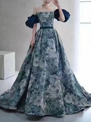 Puffy Sleeves Print Blue Quinceanera Prom Dress