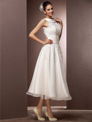 Hall Wedding Dresses Tea Length A-Line Sleeveless Illusion Neck Lace With Pearl Beading