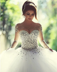 Pearl Crystal Beaded Long Sleeves Organza Ball Gowns Wedding Dress 2019