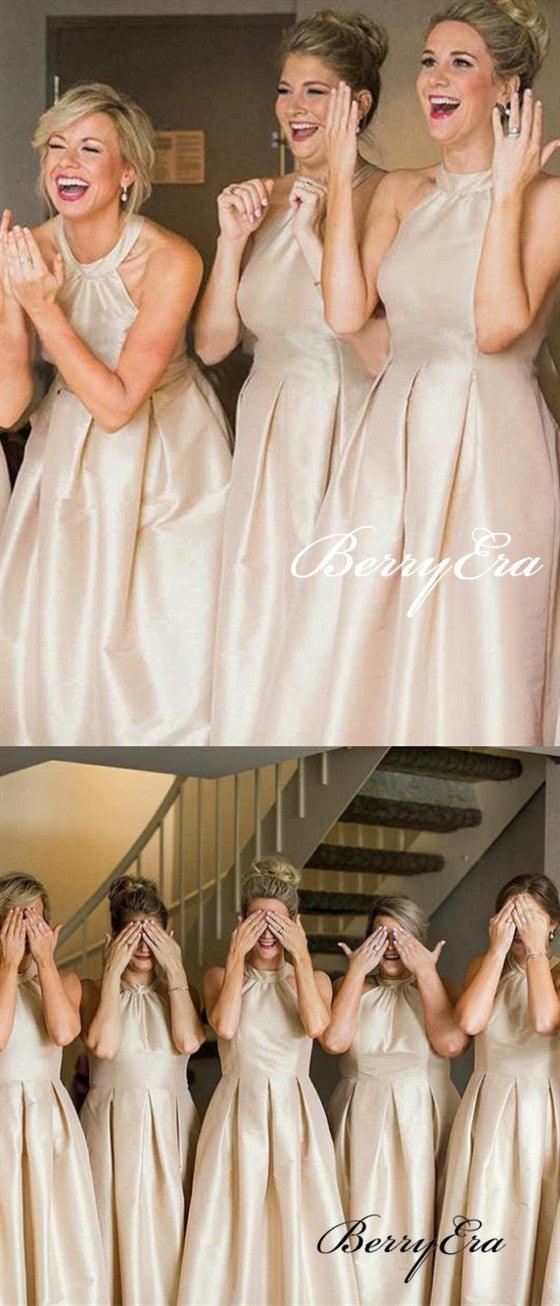 Champagne Gold A-line Stain Long Bridesmaid Dresses - RongMoon