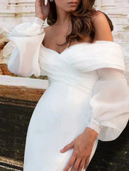 Garden / Outdoor Mermaid / Trumpet Wedding Dresses Sweep / Brush Train Simple Casual Long Sleeve Off Shoulder Satin With Ruched 2023 Bridal Gowns / Reception / Open Back - RongMoon