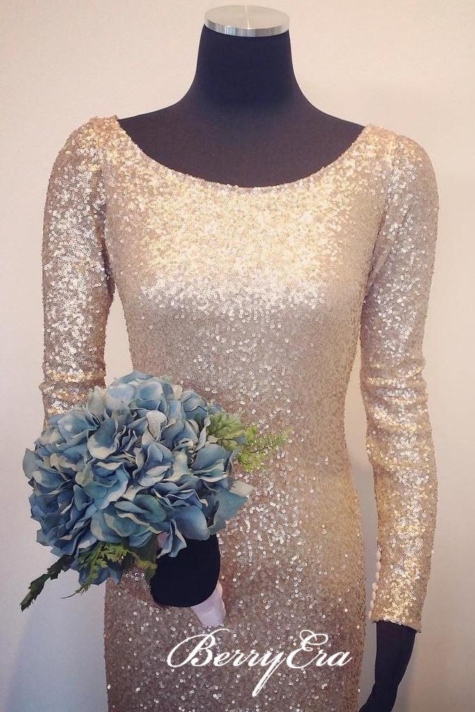Long Sleeves Scoop Sheath Gold Sequin Bridesmaid Dresses - RongMoon
