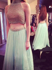 Two-pieces Beading Halter Neck Long Prom Dress