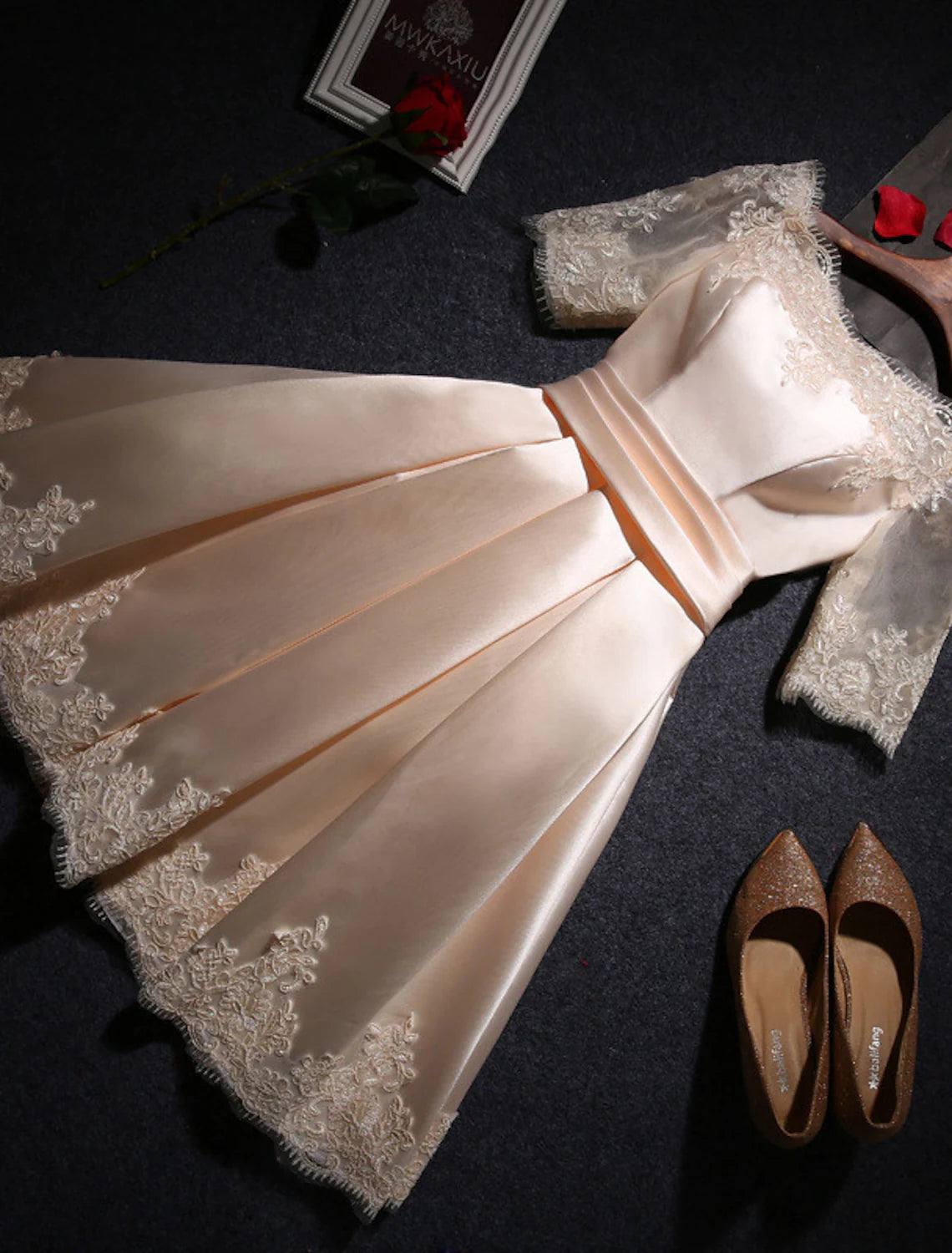 A-Line Bridesmaid Dress Off Shoulder Short Sleeve Elegant Short / Mini Satin with Lace - RongMoon