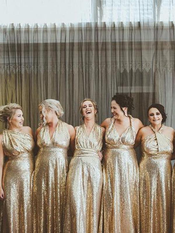 Convertible Gold Sequin Long Bridesmaid Dresses - RongMoon