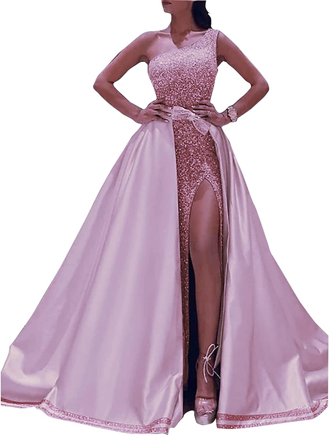 Ball Gown Sparkle Elegant Party Wear Prom Valentine's Day Dress One Shoulder Sleeveless Floor Length Satin with Bow(s) Sequin Split - RongMoon