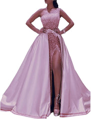 Ball Gown Sparkle Elegant Party Wear Prom Valentine's Day Dress One Shoulder Sleeveless Floor Length Satin with Bow(s) Sequin Split - RongMoon