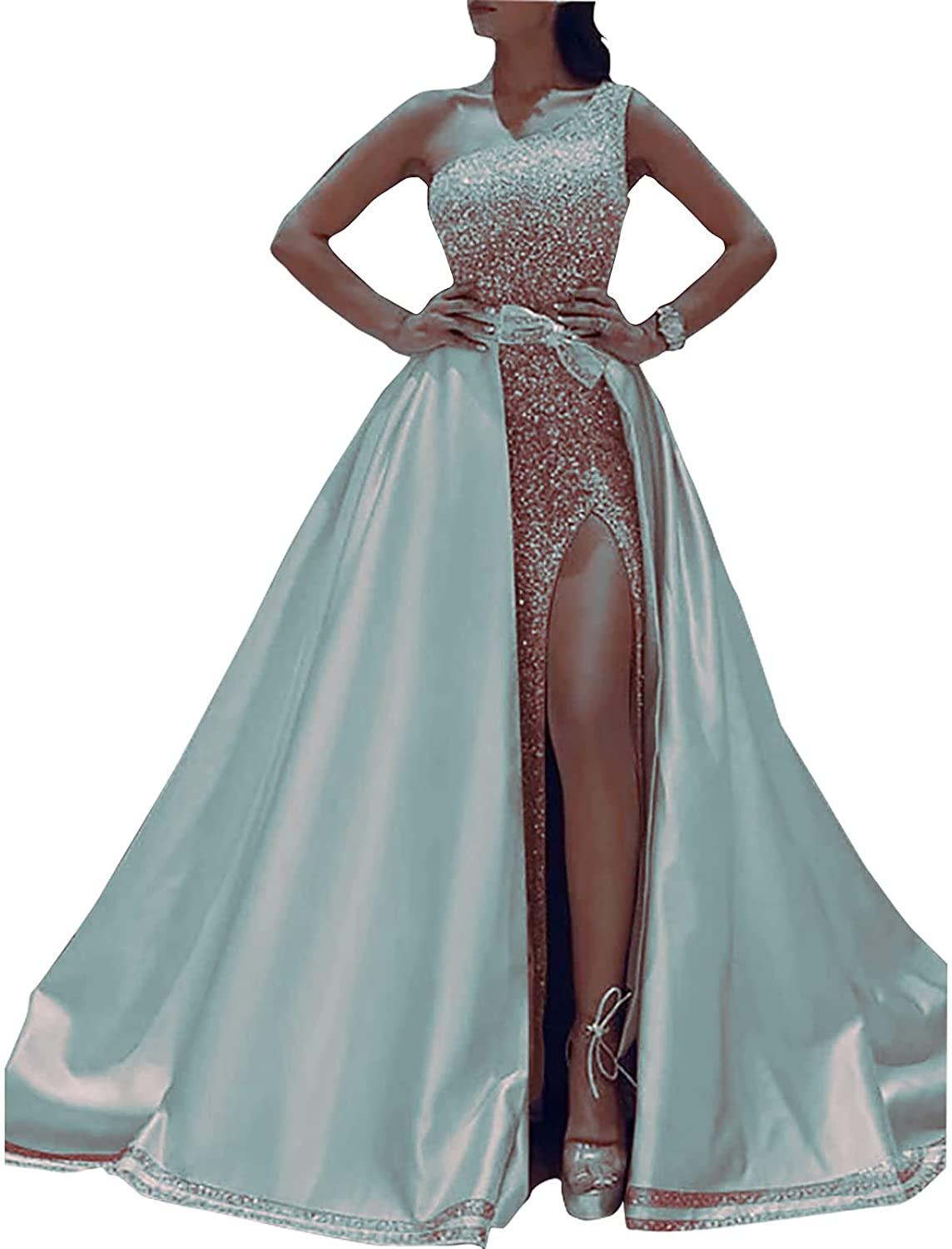 Ball Gown Sparkle Elegant Party Wear Prom Valentine's Day Dress One Shoulder Sleeveless Floor Length Satin with Bow(s) Sequin Split - RongMoon
