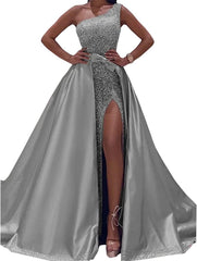 Ball Gown Sparkle Elegant Party Wear Prom Valentine's Day Dress One Shoulder Sleeveless Floor Length Satin with Bow(s) Sequin Split - RongMoon
