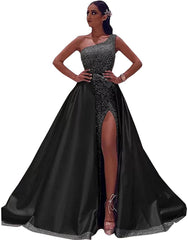 Ball Gown Sparkle Elegant Party Wear Prom Valentine's Day Dress One Shoulder Sleeveless Floor Length Satin with Bow(s) Sequin Split - RongMoon