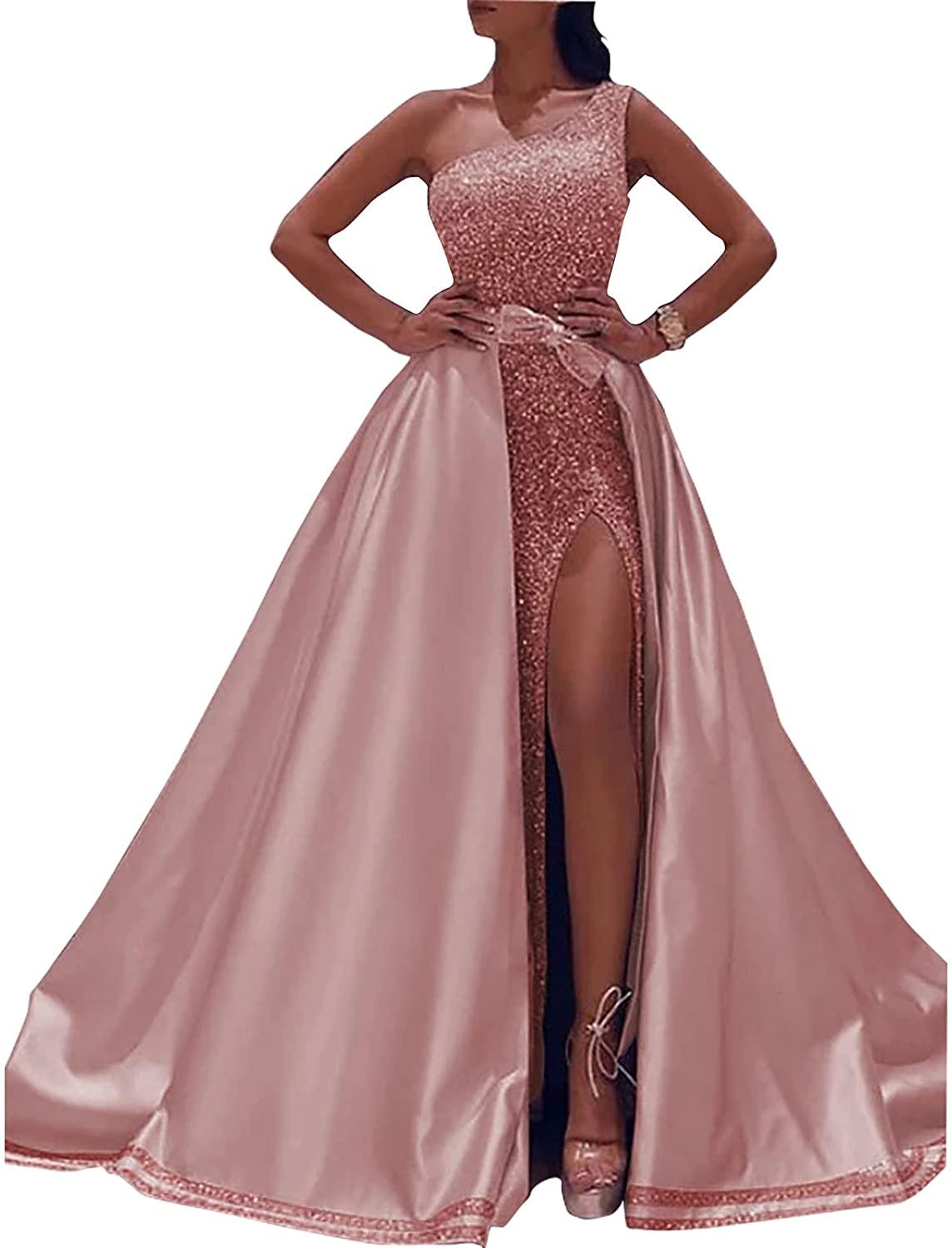Ball Gown Sparkle Elegant Party Wear Prom Valentine's Day Dress One Shoulder Sleeveless Floor Length Satin with Bow(s) Sequin Split - RongMoon