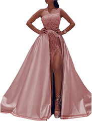Ball Gown Sparkle Elegant Party Wear Prom Valentine's Day Dress One Shoulder Sleeveless Floor Length Satin with Bow(s) Sequin Split - RongMoon