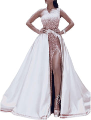 Ball Gown Sparkle Elegant Party Wear Prom Valentine's Day Dress One Shoulder Sleeveless Floor Length Satin with Bow(s) Sequin Split - RongMoon