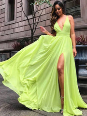 Simple V neck Chiffon Yellow Long Prom Dresses, Yellow Evening Dresses - RongMoon