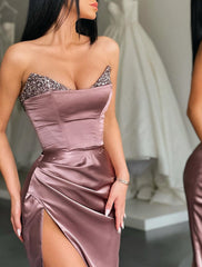 High Split Strapless Sleeveless Satin Prom Dress with Slit