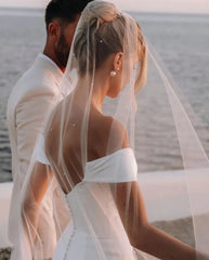Off The Shoulder Satin Trumpet Mermaid Wedding Dress With Slit