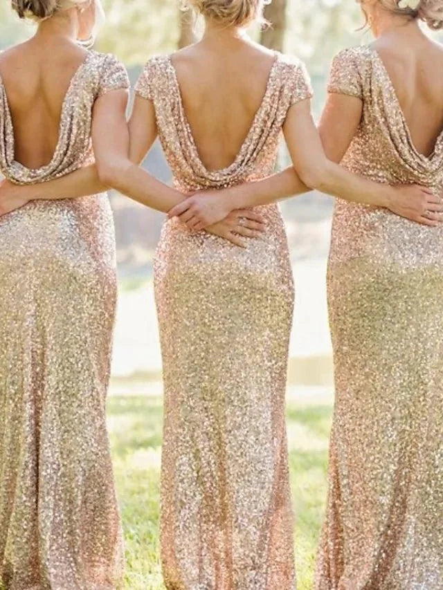 Sheath / Column Bridesmaid Dress Bateau Neck Short Sleeve Sparkle & Shine Floor Length Sequined with Sequin - RongMoon