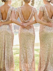 Sheath / Column Bridesmaid Dress Bateau Neck Short Sleeve Sparkle & Shine Floor Length Sequined with Sequin - RongMoon