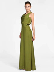 Sheath / Column Bridesmaid Dress Cowl Neck Sleeveless Floor Length Chiffon with Side Draping - RongMoon