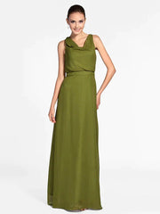 Sheath / Column Bridesmaid Dress Cowl Neck Sleeveless Floor Length Chiffon with Side Draping - RongMoon