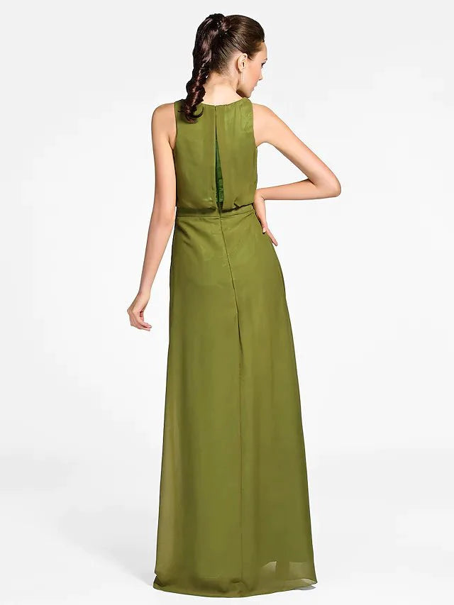 Sheath / Column Bridesmaid Dress Cowl Neck Sleeveless Floor Length Chiffon with Side Draping - RongMoon