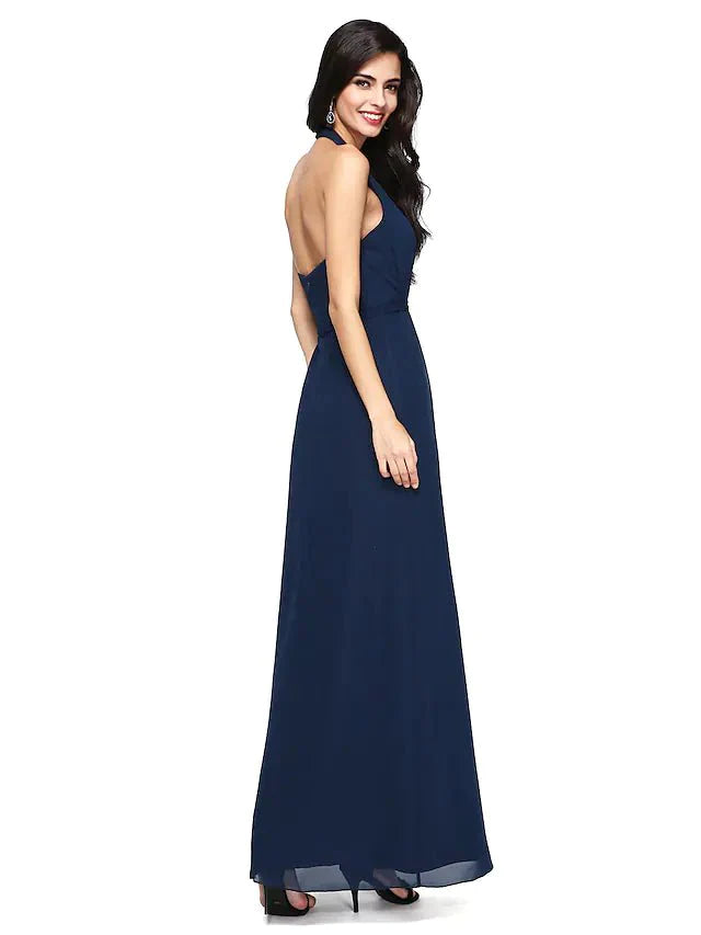 Sheath / Column Bridesmaid Dress Halter Neck Sleeveless Beautiful Back Floor Length Chiffon with Sash / Ribbon / Beading / Draping - RongMoon