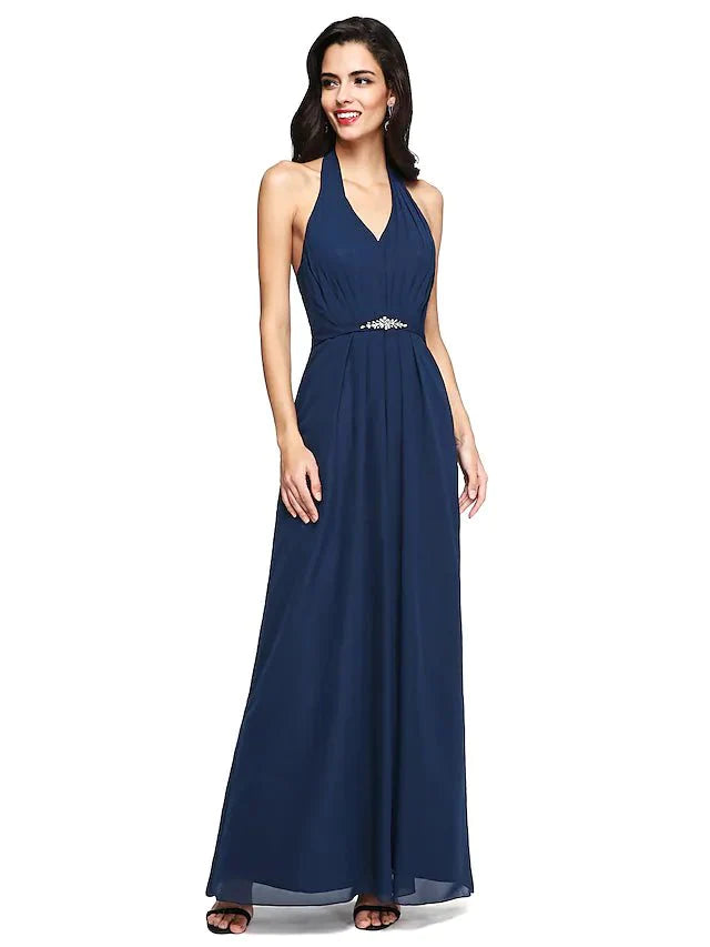 Sheath / Column Bridesmaid Dress Halter Neck Sleeveless Beautiful Back Floor Length Chiffon with Sash / Ribbon / Beading / Draping - RongMoon