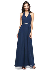 Sheath / Column Bridesmaid Dress Halter Neck Sleeveless Beautiful Back Floor Length Chiffon with Sash / Ribbon / Beading / Draping - RongMoon
