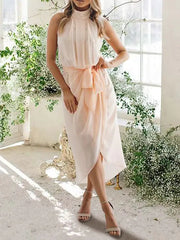 Sheath / Column Bridesmaid Dress High Neck Sleeveless Sexy Asymmetrical / Tea Length Chiffon with Sash / Ribbon - RongMoon