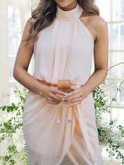 Sheath / Column Bridesmaid Dress High Neck Sleeveless Sexy Asymmetrical / Tea Length Chiffon with Sash / Ribbon - RongMoon