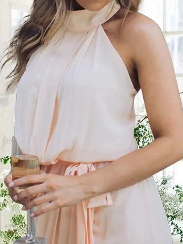 Sheath / Column Bridesmaid Dress High Neck Sleeveless Sexy Asymmetrical / Tea Length Chiffon with Sash / Ribbon - RongMoon