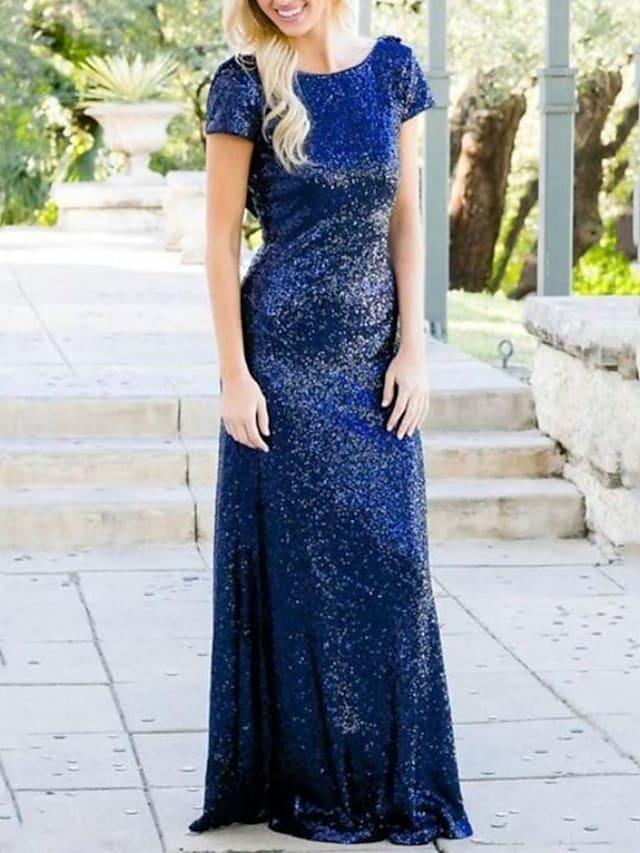 Sheath / Column Bridesmaid Dress Jewel Neck Short Sleeve Elegant Sweep / Brush Train Sequined with Sequin / Solid Color - RongMoon