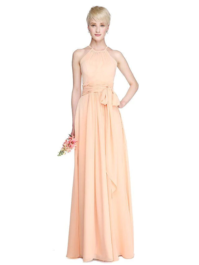 Sheath / Column Bridesmaid Dress Jewel Neck Sleeveless See Through Floor Length Chiffon with Sash / Ribbon / Pleats / Ruched - RongMoon