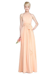 Sheath / Column Bridesmaid Dress Jewel Neck Sleeveless See Through Floor Length Chiffon with Sash / Ribbon / Pleats / Ruched - RongMoon