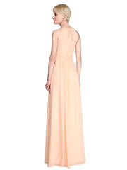 Sheath / Column Bridesmaid Dress Jewel Neck Sleeveless See Through Floor Length Chiffon with Sash / Ribbon / Pleats / Ruched - RongMoon