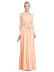 Sheath / Column Bridesmaid Dress Jewel Neck Sleeveless See Through Floor Length Chiffon with Sash / Ribbon / Pleats / Ruched - RongMoon