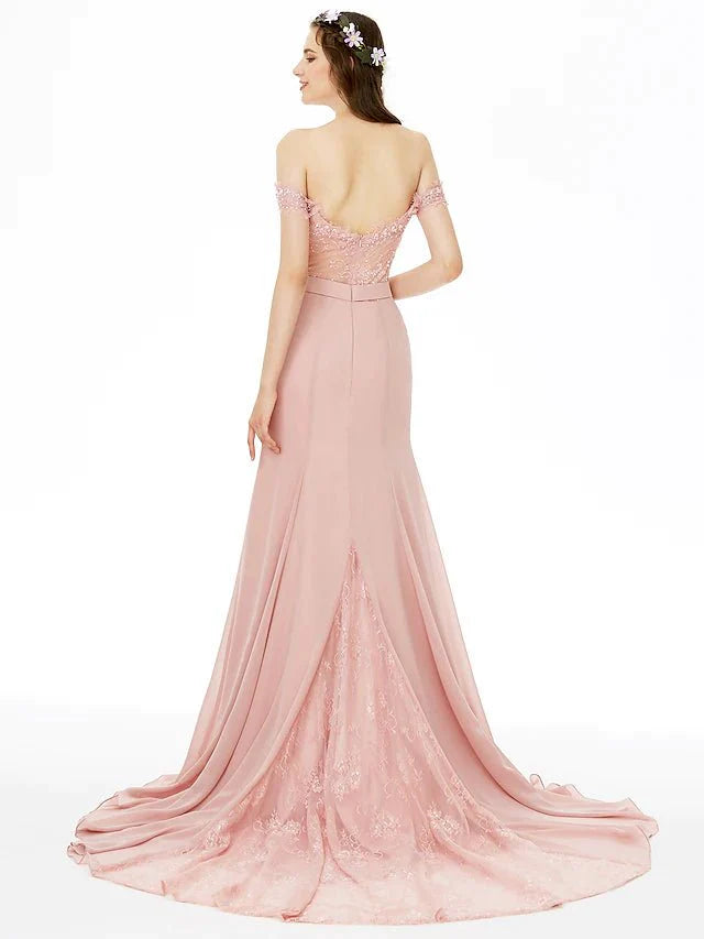 Sheath / Column Bridesmaid Dress Off Shoulder Short Sleeve Sexy Sweep / Brush Train Chiffon / Floral Lace with Lace / Sash / Ribbon - RongMoon
