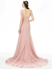 Sheath / Column Bridesmaid Dress Off Shoulder Short Sleeve Sexy Sweep / Brush Train Chiffon / Floral Lace with Lace / Sash / Ribbon - RongMoon