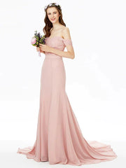 Sheath / Column Bridesmaid Dress Off Shoulder Short Sleeve Sexy Sweep / Brush Train Chiffon / Floral Lace with Lace / Sash / Ribbon - RongMoon