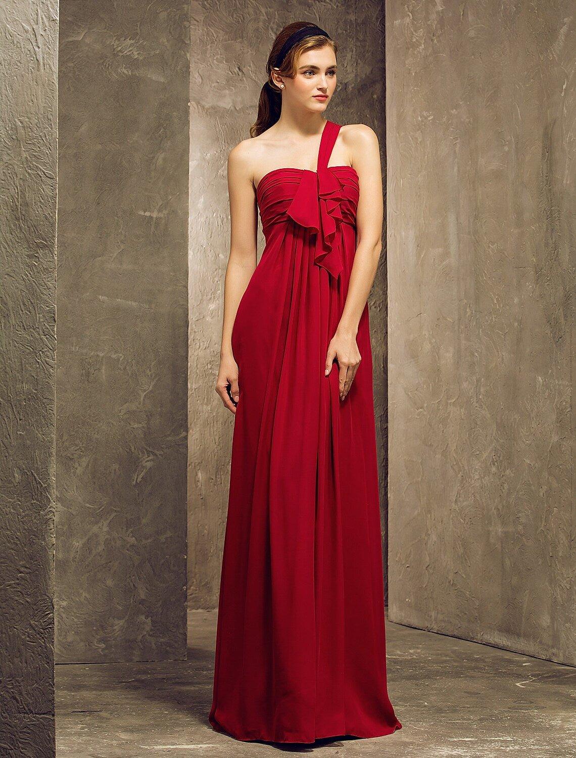 Sheath / Column Bridesmaid Dress One Shoulder Sleeveless Elegant Floor Length Chiffon with Ruched / Ruffles / Draping - RongMoon