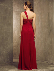 Sheath / Column Bridesmaid Dress One Shoulder Sleeveless Elegant Floor Length Chiffon with Ruched / Ruffles / Draping - RongMoon