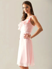 Sheath / Column Bridesmaid Dress One Shoulder Sleeveless Elegant Knee Length Chiffon with Side Draping - RongMoon